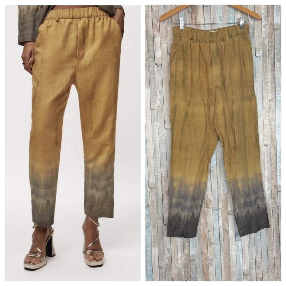 Zara XS Ombre Dip Tie Dye Linen Blend Pull On Trousers Pants Mustard Yellow Grey